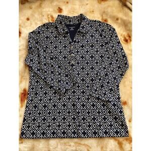 NWOT Lands' End Blue White Pattern Knit 3/4 Sleeve Polo 1/4 Button 100% Cotton